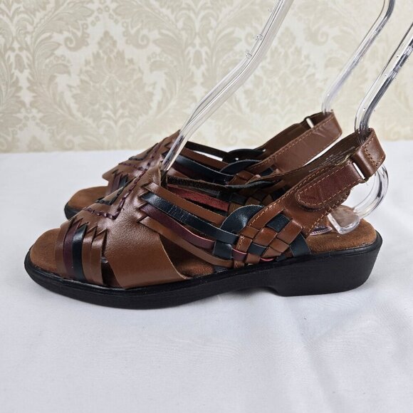 Dr Scholl's Size 8 Brown Leather Slingback Sandals Two-Tone Woven Cushioned - Picture 2 of 16